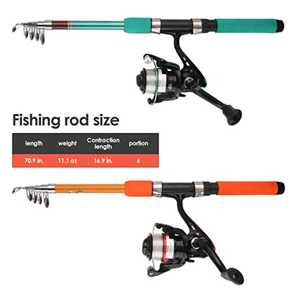 Telescopic Fishing Pole Set with Spinning Reel Lure Hook Storage Bag | Compact Collapsible Rod Reel Combo Travel Fishing Gear Starter Kit for Kids Youth Adults - color: Orange+Green