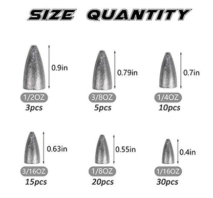 Fishing Weights Kit 29/83pcs Bullet Fishing Weights for Bass Fishing Texas Rigs Worm Weights Fishing Sinkers Freshwater Saltwater Fishing Tackle - style: 83pcs