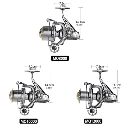 Heavy Duty Spinning Reel Metal Body with CNC Machined Spool 55LB Max Drag 8/10+1 BB Ultra Smooth 4.1/4.6/4.8:1 High Speed Gear Ratio Saltwater Freshwater Fishing Reel for 8000 to 16000 Series - color: MQ12000