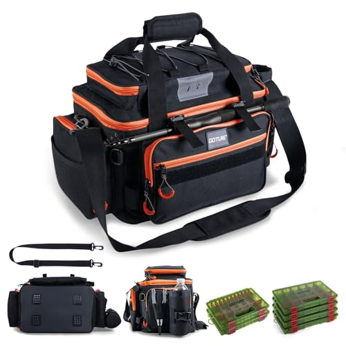 Goture Fishing Tackle Bag with 4pcs 3700 & 2pcs 3600 Tackle Boxes, 600D Water-Resistant Soft Side Saltwater Gear Storage Fishing Bag with Rod Straps, Detachable Water Bottle Pouch, Waterproof Bottom - color: C3:Black Orange with (4)3700&(2)3600 Tackle Box