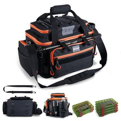 Goture Fishing Tackle Bag with 4pcs 3700 & 2pcs 3600 Tackle Boxes, 600D Water-Resistant Soft Side Saltwater Gear Storage Fishing Bag with Rod Straps, Detachable Water Bottle Pouch, Waterproof Bottom - color: C3:Black Orange with (4)3700&(2)3600 Tackle Box