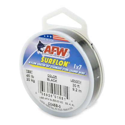 American Fishing Wire Surflon Nylon Coated 1x7 Stainless Steel Wire Leader - Wire Fishing Leader Line for Saltwater 10lb Up To 250lb Test in Bright, Black, Camo in 30ft, 100ft, 300ft, & 1000ft Lengths - color: Black, style: 30 Feet, 45 Pound Test