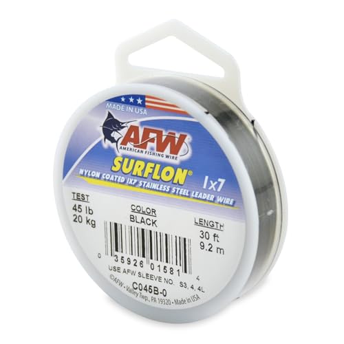 American Fishing Wire Surflon Nylon Coated 1x7 Stainless Steel Wire Leader - Wire Fishing Leader Line for Saltwater 10lb Up To 250lb Test in Bright, Black, Camo in 30ft, 100ft, 300ft, & 1000ft Lengths - color: Black, style: 30 Feet, 45 Pound Test