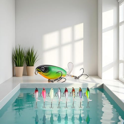 1Pc Green Topwater Fishing Lures Bass with Floating Tractor Rotating Tail Barb Treble Hooks Artificial Hard Bait Swimbait Lures Surface Crankbait for Bass Trout Walleye Pike Musky Fishing Topwater