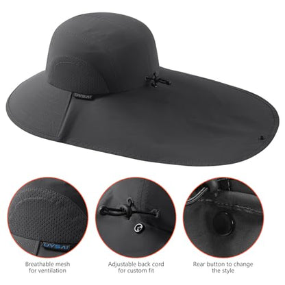 UPF 50+ Foldable Sun Hats Wide Brim with Large Neck Flap for Men Women UV Protection Gardening Fishing Beach Hat - color: Dark Grey