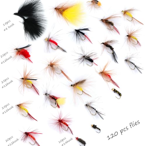 EXAURAFELIS Flying Flies kit Fishing Gear Fishing Lure 64/100/120PCS Dry Wet Flies Tackle Box Fly FishingLures for Bass Salmon Trout Freshwater Walleye Steelhead Bonefish Tarpon Saltwater - color: 120 pcs