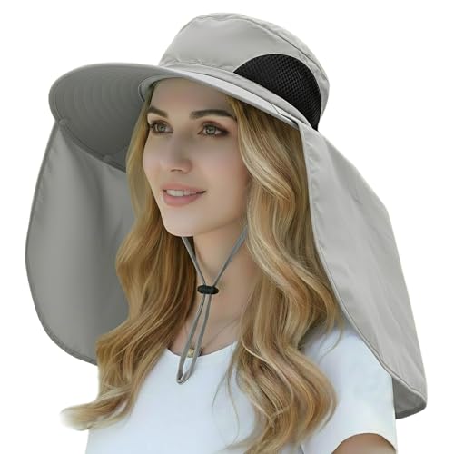 HUAMULAN Women Large Brim Sun Hat with Neck Flap, Men Quick Dry Hiking Fishing Safari Hat UPF 50+ - color: Yq005-lightgray