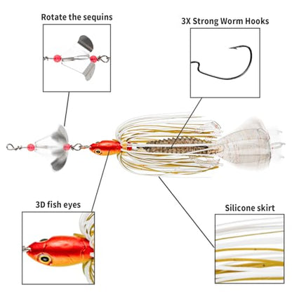 Premium Bass Fishing Buzzbait Kit - 3-in-1 Spinner Baits, Multicolor Topwater Swimbaits & Hard Metal Lures for Bass, Pike & Trout + 10pc Swamp Monster Rage Bug Baits (Small) - color: A
