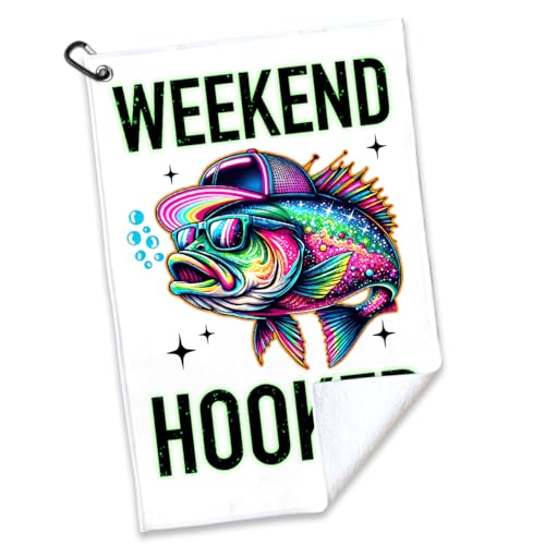 Weekend Hooker Polyester Printed Towel with Clip, Funny Bass Fish Fishing Gifts & Accessories for Men Fishmen Dad Grandpa, Fishing Lover Retirement Father's Day Birthday Gifts - color: White & Rainbow