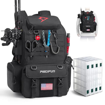 Piscifun 52L Fishing Tackle Backpack with Rod Holders & 4 Tackle Boxes, Large Tackle Bag for Gear Storage with Rain Cover - color: Black