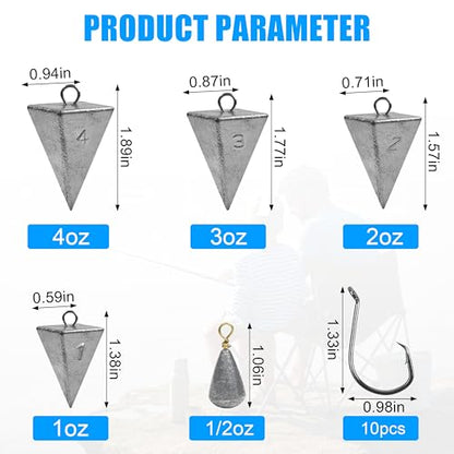 Saltwater Surf Fishing Tackle Kit - Saltwater Surf Fishing Rigs Bottom Rigs Include Fishing Leader Rigs Pyramid Sinkers Bass Casting Sinker Circle Hooks for Striped Bass Red Drum Flounder - color: Silver
