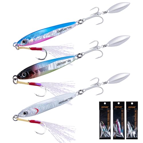 Goture Fishing Jigs, 40g 60g Vertical Jig Saltwater Freshwater, Jig Fishing Lures with Assist Hooks and Treble Hook, Jigging Spoon Lures for Tuna, Salmon,Striped Bass, Grouper Snapper,Kingfish - color: A2:3pcs Fishing Jigs, size: 1.41oz/40g