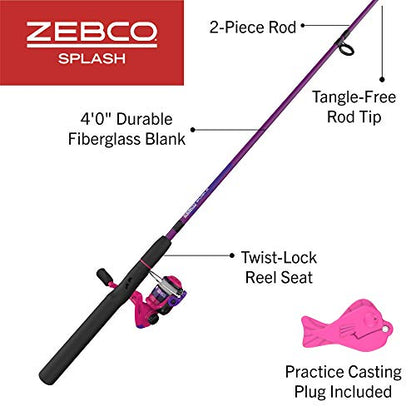 Zebco Splash Junior Spinning Reel and Fishing Rod Combo, 4-Foot 2-Piece Fishing Pole, Changeable Right- or Left-Hand Retrieve, Pre-Spooled with 6-Pound Zebco Line