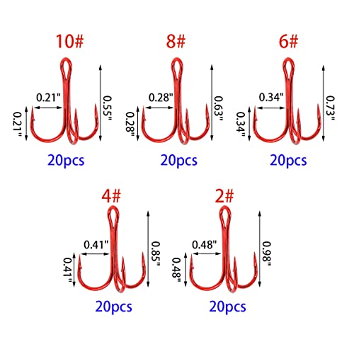 Red Fishing Treble Hooks Kit, High Carbon Steel Hooks Strong Sharp Round Bend for Lures Baits Saltwater Freshwater Bass Fishing 100pcs Mixed 5 Size 2# 4# 6# 8# 10# - color: 100pcs Red Treble Hooks