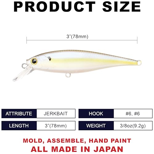 LUCKY CRAFT Pointer 78SP Fishing Lures, 3” Jerkbait Freshwater Bass & Trout Lures, Suspending 4ft–5ft Depth, Jerkbait with Walk-the-Dog Action, Precision Bass Fishing Gear and Accessories - color: 250 Chartreuse Shad, size: PT78