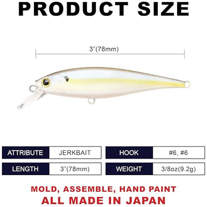 LUCKY CRAFT Pointer 78SP Fishing Lures, 3” Jerkbait Freshwater Bass & Trout Lures, Suspending 4ft–5ft Depth, Jerkbait with Walk-the-Dog Action, Precision Bass Fishing Gear and Accessories - color: 250 Chartreuse Shad, size: PT78