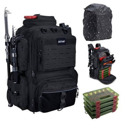 Goture Fishing Backpack with 4 Tackle Boxes,900D Water-Resistant Tackle Backpack with Rod Holders,45L Large Fishing Bag Storage Gear Tackle Bag with Rain Cover,Bottle Holder for Travel Camping Hiking - color: A1:black With 4 Tackle Boxes