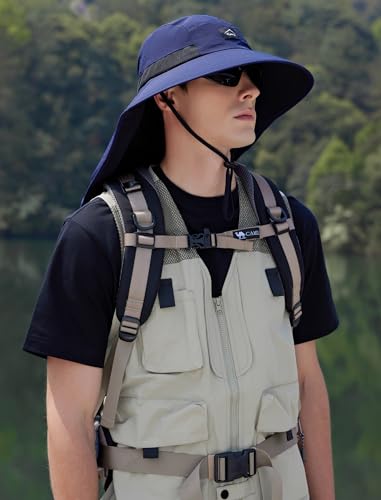 HUAMULAN Men Summer Sun Hat Women Safari Wide Brim Fishing Hats UV Protection Neck Flap Bucket Gardening Hiking Hunting Cap - color: Navy With Black Mesh