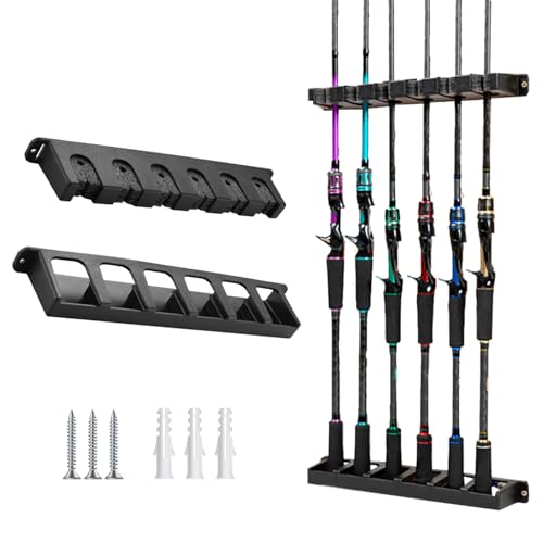 Fishing Rod Holder for Garage Fishing Pole Holders Fishing Rod Rack Vertical Wall-Mounted for Garage Stores 6 Rods or Combos Fits Most Rod Diameters (Vertical Black, 1 Pair) - color: Black