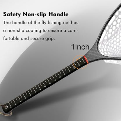 Riverruns Fly Fishing Landing Net Carbon Fiber Trout Net with Measurement Handle, Soft Rubber Mesh - 26" Standard (Wading) / 37" Long (Kayak) - color: 37" Kayak Net (Long) - Black 3K Woven