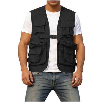 Fishing Vest - Fishing Vests for Men Lightweight Zip Up Sleeveless Utility Jackets Softshell Outwear Vests with Pockets - color: 01# Black, size: XX-Large