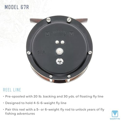 Martin Model 67R Fly Fishing Reel, Single Action, Metal Click Drag, Aluminum Construction, Line Guides, 6-Weight Floating Fly Line, Interchangeable Retrieve, Push-Button Release, Brown/Silver