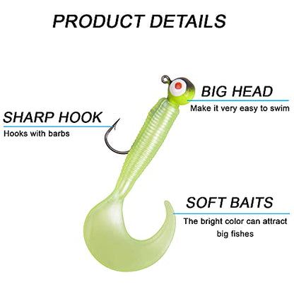 Soft Plastic Fishing Lures Grub Lures Jig Head Hooks Kit Crappie Jigs Grub Tail Worm Lure Tube Baits for Bass Trout Crappie Panfish Saltwater Freshwater Fishing - color: 17pcs Kit