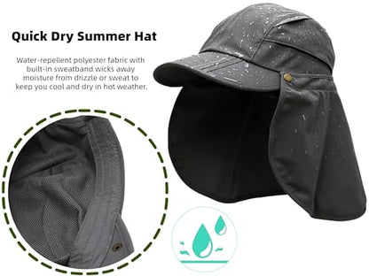 Men Women Safari Fishing Sun Cap with Removable Neck Flap UPF 50+ UV Protection Quick Dry Breathable Hats - color: Grey