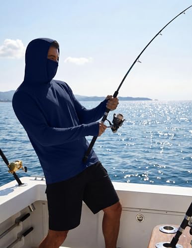 COOFANDY Mens UPF 50+ Sun Protection Hoodie with Mask Lightweight Long Sleeve SPF Fishing Shirts UV Hiking Running Rash Guard - color: Navy Blue, size: Medium