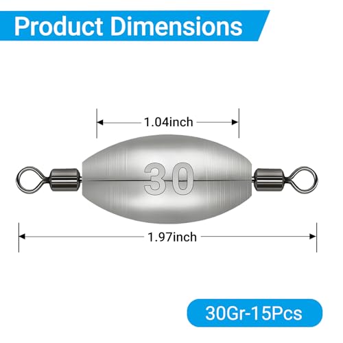 Polsefve Inline Trolling Fishing Weights with Inner Swivels, Oval Drop Casting Sinkers Lead Sinker Tackle for Catfish Bass Saltwater & Freshwater Bottom Fish(10g/15g/20g/30g/40g/60g) - color: 1oz-15pcs