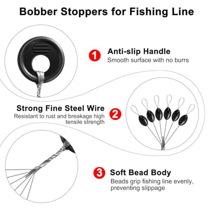 DONQL 900pcs Bobber Stoppers for Fishing Line, 6 in 1 Oval Floats Sinker Stops L M S Size, Fishing Rubber Bobber Beads Stopper Float Stop Kit for Saltwater Freshwater