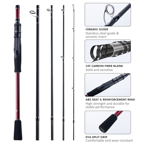 Goture Travel Fishing Rod - Spinning Fishing Rods - Portable 5/6 Sections Adjustable-Length Lightweight 24T Carbon Fiber Fishing Rods for Saltwater Freshwater Trout Bass Walleye Pike, Red - color: 806S - 8ft/2.4m spining rod