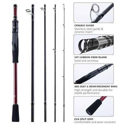 Goture Travel Fishing Rod - Spinning Fishing Rods - Portable 5/6 Sections Adjustable-Length Lightweight 24T Carbon Fiber Fishing Rods for Saltwater Freshwater Trout Bass Walleye Pike, Red - color: 806S - 8ft/2.4m spining rod