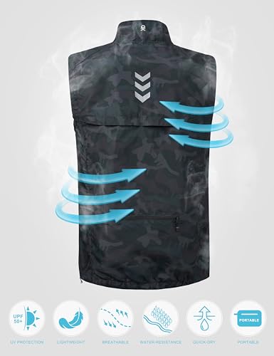 Little Donkey Andy Men's Lightweight Quick Dry Vest Packble Outerwear Sleeveless Windproof Jacket for Golfing Cycling Running - color: Black Camo, size: Large