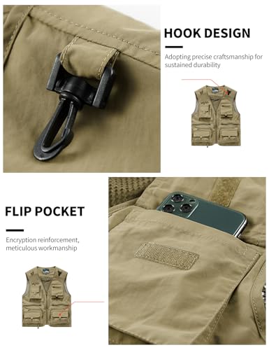 Gihuo Mens Fishing Vest Lightweight Utility Vests Cargo Outdoor Safari Travel Vest with Pockets - color: Khaki, size: Small