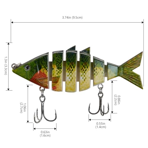 BASSDASH Bone Swimbait Multi Jointed Hard Fishing Lure for Bass Trout Bluegill Pike with Angled Cut Segments - color: Green Bluegill