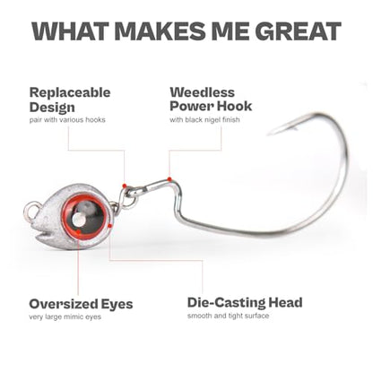 15-Sets Detachable Fish Head Swimbait Jig Heads - Weedless EWG Hooks Kit for Fishing (15 Fish Eye Weights + 15 Hooks) - size: 1/8oz