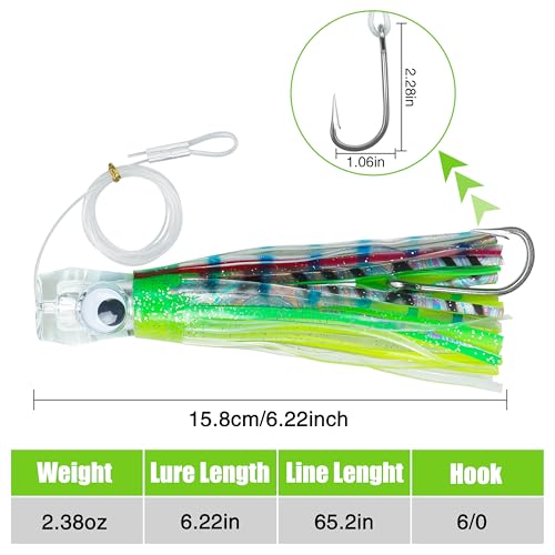 Saltwater Fishing Lures 6/9inch Trolling Lures for Marlin Mahi Tuna Dolphin Shark Big Game Deep Sea Fishing Baits Squid Skirts Rigged Hooks Ocean Gear Tackle - color: Green-1pcs, size: 6inch