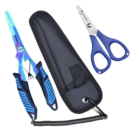 Fishing Needle Nose Pliers, Stainless Steel Fish Pliers and Scissors Set with Sheath Lanyard, Hook Remover Split Ring Tools, Aboda Fishing Gear Fresh & Saltwater Fishing Tool Kit