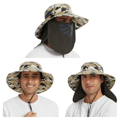 BASSDASH UPF 50+ Breathable Sun Hat with Removable Face Cover and Neck Flap Wide Brim Bucket Hat for Fishing Hiking Men Women - color: Mountain Camo/Dark Green