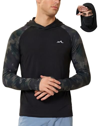 maamgic Men’s UPF 50+ Fishing Shirt Sun Hoodie with Detachable Face Mask, Long Sleeve UV Rash Guard - color: Camouflage Green, size: Medium