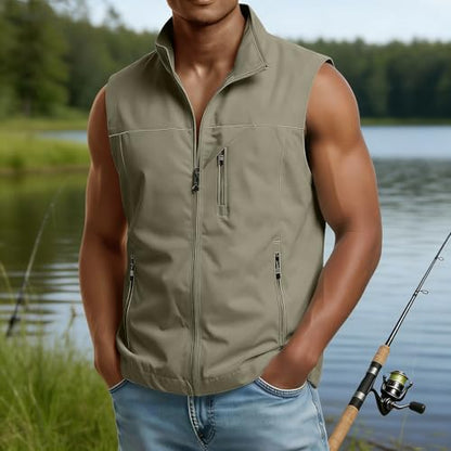 Mens Golf Vest Waterproof Fishing Shirt Zip Up Sleeveless Jacket with Pockets Outdoor Camping Hiking Shirts Travel Photo Vest - color: A07 Khaki, size: Medium