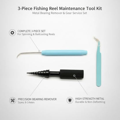 3-Piece Fishing Reel Maintenance Tool Kit - Metal Bearing Remover & Gear Service Set for Spinning and Baitcasting Reels - color: Black