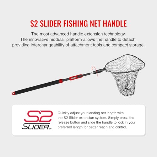 EGO S2 Slider Fishing Net Handle | Adjustable Extension Handle, Minimal Water Drag Design, Ergonomic Foam Grip for Landing Nets - size: 29" to 60" Handle, 22” x 23” Hoop, style: Lightweight Non-tangle Deep Rubber Mesh