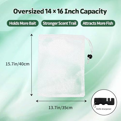 10-Pack Premium Nylon Mesh Chum Bags for Fishing – Large 14x16 inch Drawstring Bait Bags for Maximum Bait Release & Attraction, Durable Saltwater Net + Bonus Knife Sharpener