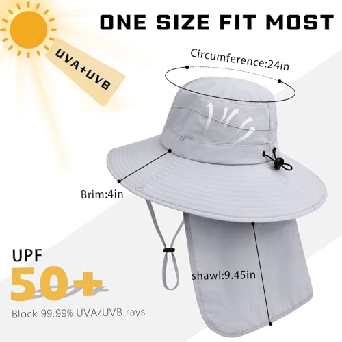 Sun Hats for Men Women, UPF50+ Protection Safari Hat,Wide Brim Fishing Hat with Neck Flap,Bucket Hats for Beach Hiking - color: Lightgreysleeves