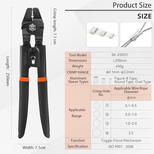 KF CPTEC Wire Rope Swager 2-in-1 Crimping Tool & Cutter for Fishing Lines up to 2.2mm, Lightweight Teflon-Coated Aluminum Ferrule Crimper