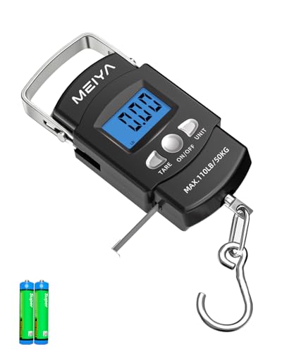 MEIYA Fish Scale 110lb/50kg Digital Fishing Scale with Backlit LCD, Portable Handle, Stainless Steel Hook, Built-in Tape Measure & 2 AAA Batteries, Reliable Fishing Gear & Great Fishing Gifts for Men