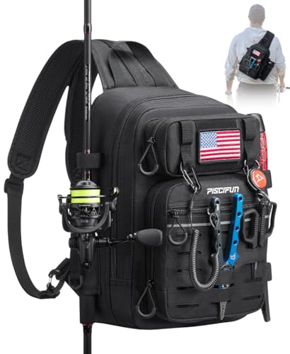 Piscifun Fishing Backpack Tackle Bag with 2 Rod Holders, Multi-Compartment Storage, MOLLE System, Water-Resistant Lightweight Outdoor Pack - color: Double Shoulder - Black, style: Standard