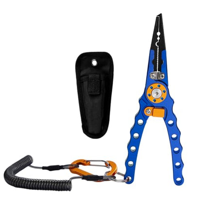Fishing Pliers with Sheath and Lanyard, 5.8" Aluminum Alloy Hook Remover & Line Cutter, Saltwater Braided Line Cutters for Boat, Fly & Ice Fishing, Split Ring Pliers Tool (blue) - color: Blue